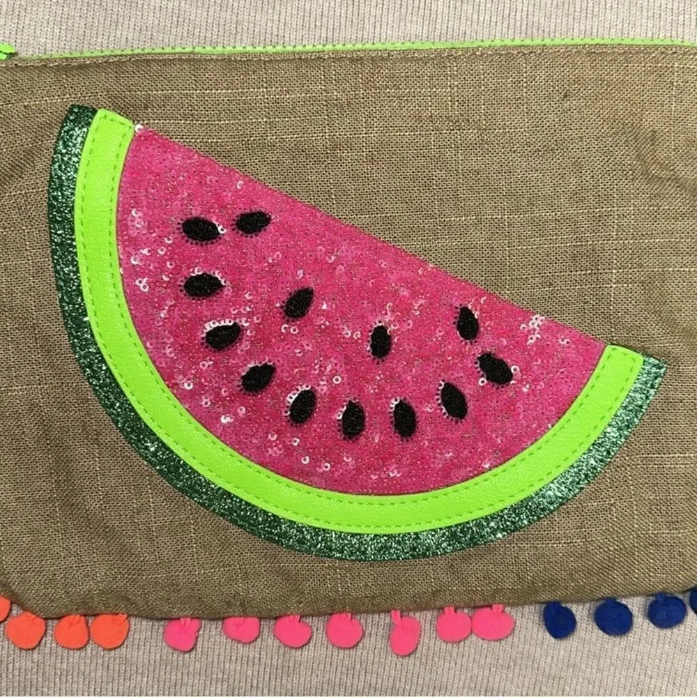 EXPRESS Linen Cotton Bright Neon Watermelon Sequined Tasseled Zip Clutch